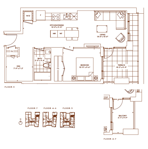 Floor plan for 1 bed, 1 bath, 675 sqft