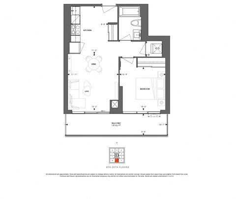 Floor plan for 1 bed, 1 bath, 576 sqft