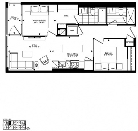 Floor plan for 2 beds, 2 baths, 722 sqft