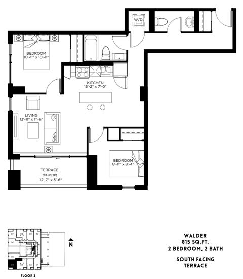 Floor plan for 2 beds, 1.5 baths, 815 sqft