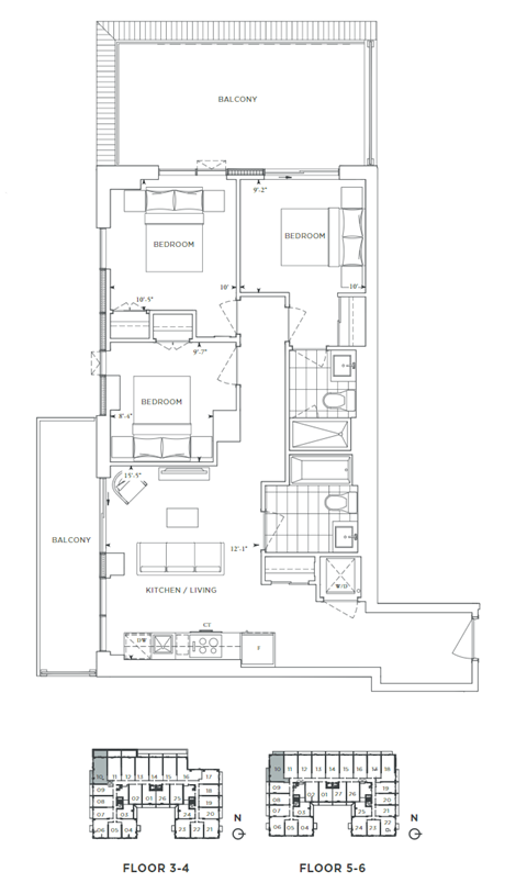 Floor plan for 3 beds, 2 baths, 933 sqft