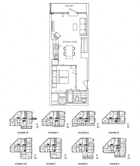 Floor plan for 1 bed, 1 bath, 556 sqft