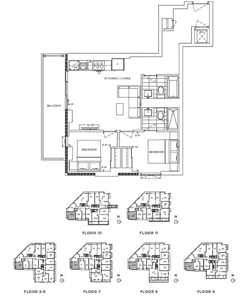Floor plan for 2 beds, 2 baths, 781 sqft
