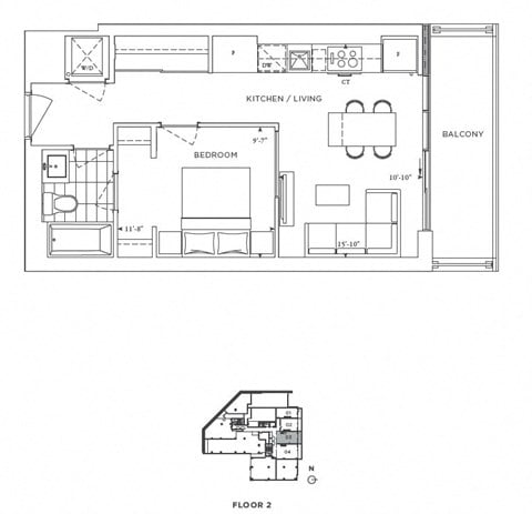 Floor plan for 1 bed, 1 bath, 534 sqft