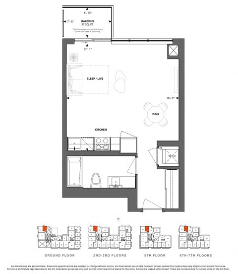 Floor plan for studio, 1 bath, 503 sqft