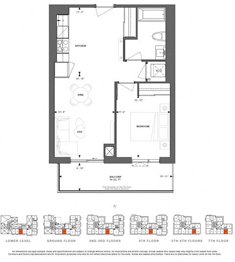 Floor plan for 1 bed, 1 bath, 594 sqft