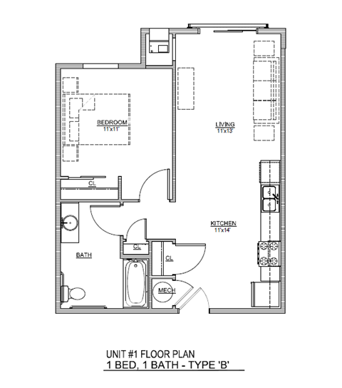 Floor plan for 1 bed, 1 bath, 572 sqft