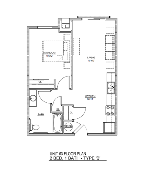 Floor plan for 2 beds, 1 bath, 772 sqft