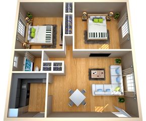 Plainville apartment for rent - A 3D floor plan of a house with a piano in the living room.