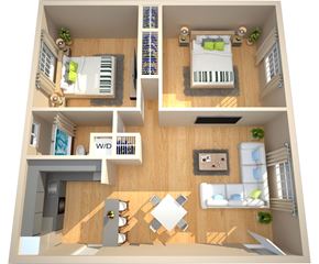 Plainville apartment for rent - A 3D floor plan of a house with a kitchen, living room, and two bedrooms.