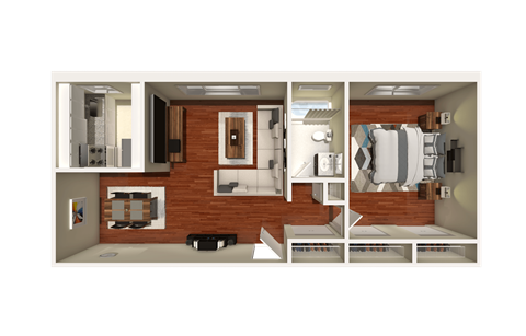 Floor plan for 1 bed, 1 bath, 665 sqft