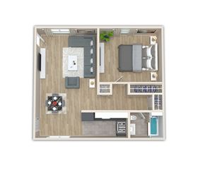 Newington apartment for rent - A top-down view of a living room, kitchen, and bedroom in a small apartment.