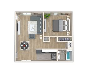 Newington apartment for rent - A top-down view of a small apartment with a kitchen, living room, and bedroom.