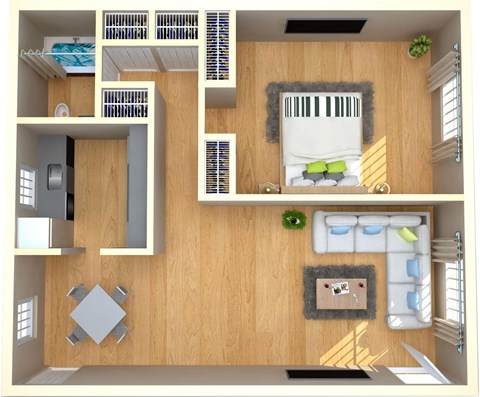 Floor plan for 1 bed, 1 bath, 750 sqft