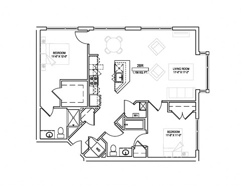 Floor plan for 2 beds, 2 baths, 1158 sqft