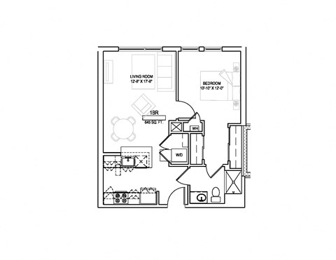 Floor plan for 1 bed, 1 bath, 645 sqft