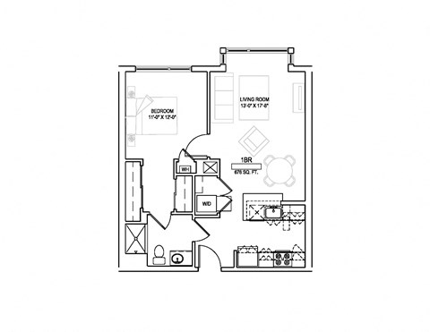 Floor plan for 1 bed, 1 bath, 672 sqft