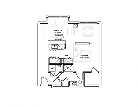 Floor plan for 1 bed, 1 bath, 687 sqft