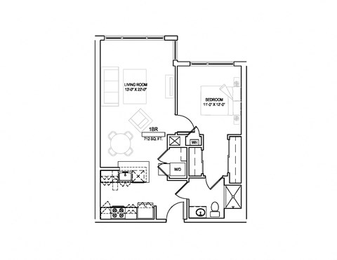 Floor plan for 1 bed, 1 bath, 712 sqft