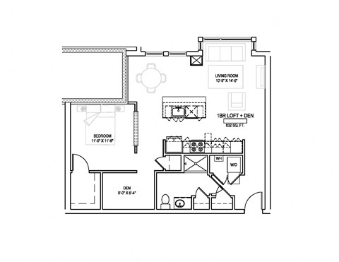 Floor plan for 1 bed, 1 bath, 832 sqft