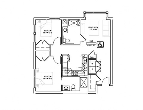 Floor plan for 2 beds, 2 baths, 912 sqft