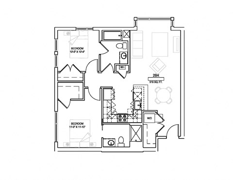 Floor plan for 2 beds, 2 baths, 918 sqft