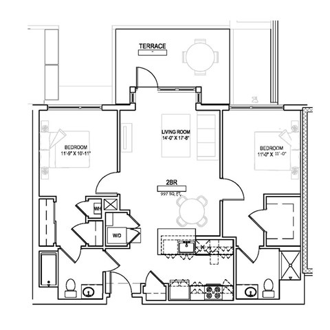 Floor plan for 2 beds, 2 baths, 997 sqft