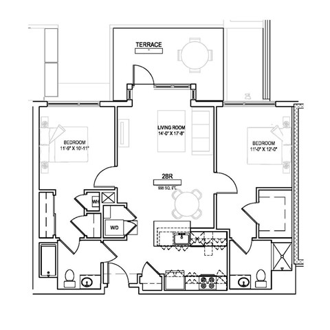 Floor plan for 2 beds, 2 baths, 998 sqft