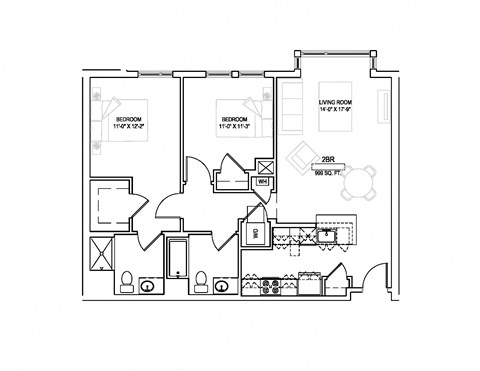 Floor plan for 2 beds, 2 baths, 999 sqft