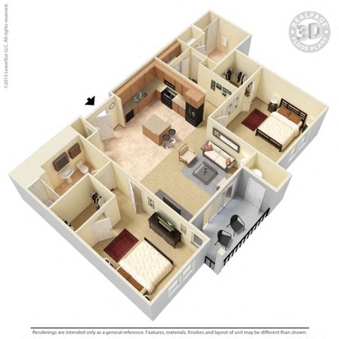 Floor plan for 2 beds, 2 baths, 1291 sqft