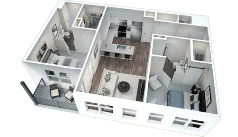 Floor plan for 2 beds, 2 baths, 1055 sqft