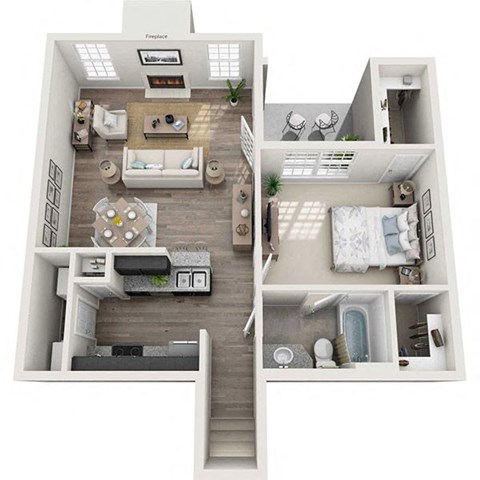 Floor plan for 1 bed, 1 bath, 881 sqft