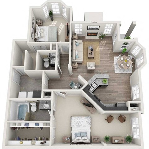 Floor plan for 2 beds, 2 baths, 1222 sqft