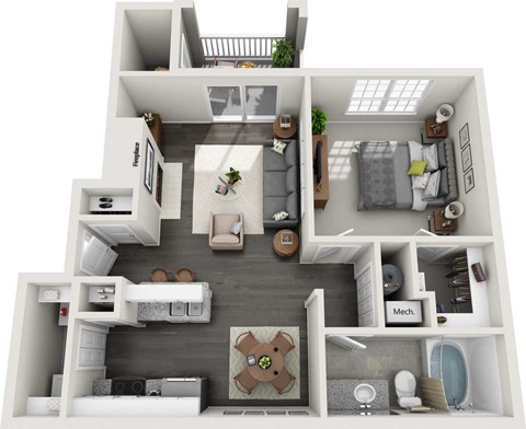 Floor plan for 1 bed, 1 bath, 765 sqft