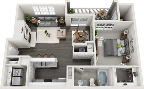 Floor plan for 1 bed, 1 bath, 901 sqft