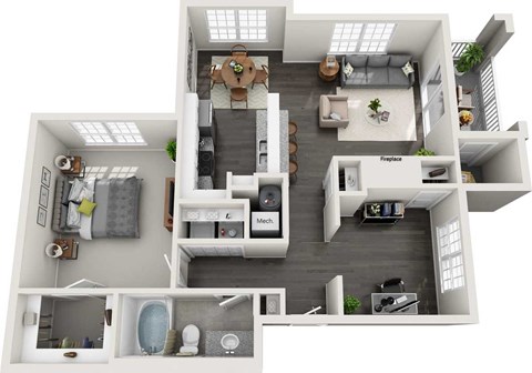 Floor plan for 1 bed, 1 bath, 998 sqft