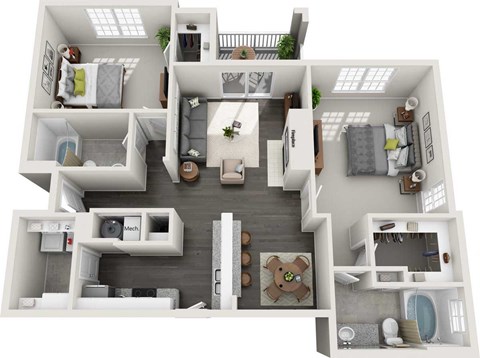 Floor plan for 2 beds, 2 baths, 1151 sqft