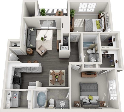 Floor plan for 2 beds, 2 baths, 1070 sqft