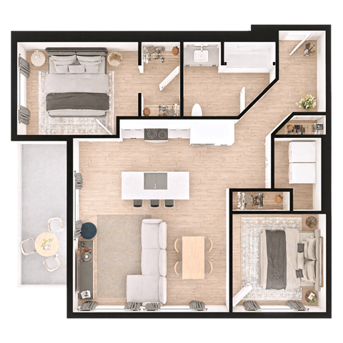 Floor plan for 2 beds, 1 bath, 895 sqft