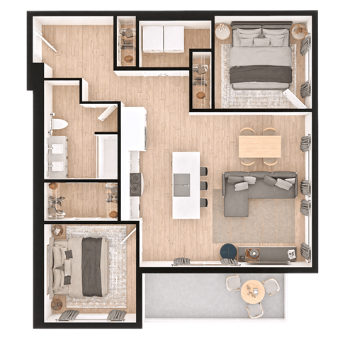 Floor plan for 2 beds, 1 bath, 895 sqft