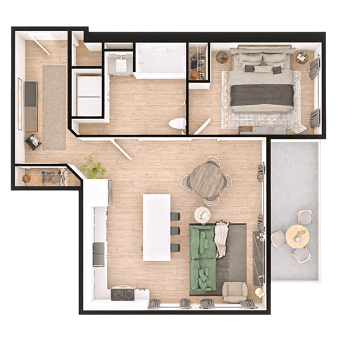 Floor plan for 1 bed, 1 bath, 895 sqft