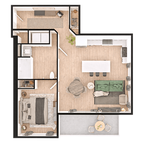 Floor plan for 1 bed, 1 bath, 797 sqft