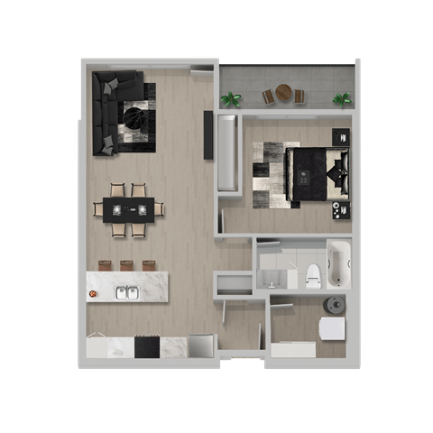 Floor plan for 1 bed, 1 bath, 734 sqft