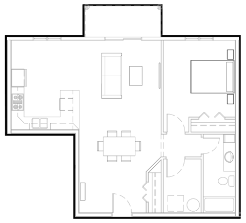 Floor plan for 1 bed, 1 bath, 888 sqft