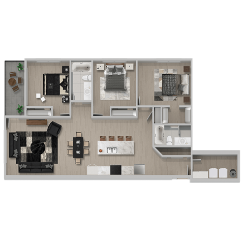 Floor plan for 3 beds, 2 baths, 1380 sqft
