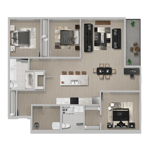 Floor plan for 3 beds, 2 baths, 1312 sqft