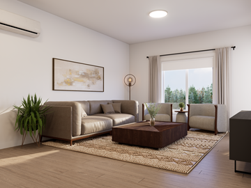Dieppe apartment for rent - A living room with a brown leather sofa, a wooden coffee table, and a painting on the wall.