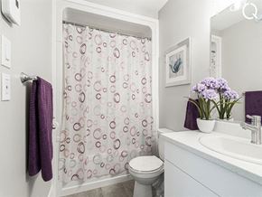 Dieppe apartment for rent - a bathroom with a shower curtain and a sink and a toilet