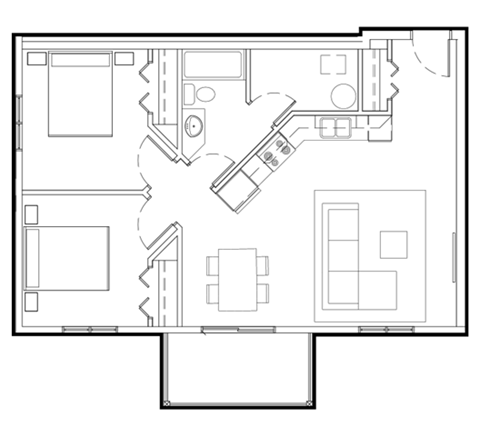 Floor plan for 2 beds, 1 bath, 1020 sqft