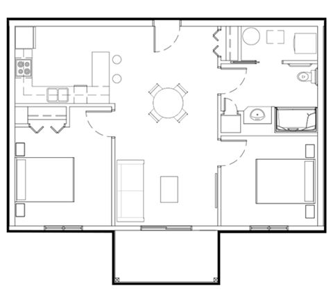 Floor plan for 2 beds, 1 bath, 739 sqft